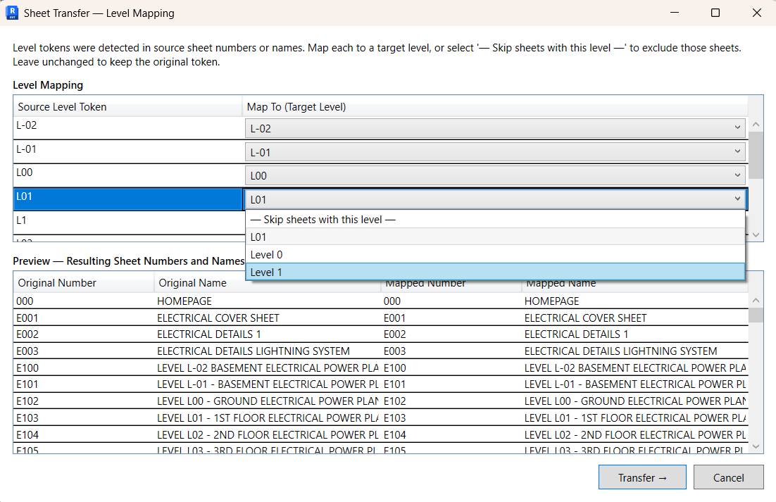 Level Mapping dialog — remap level tokens with live preview