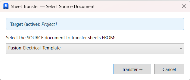 Source Selection dialog — pick the source project