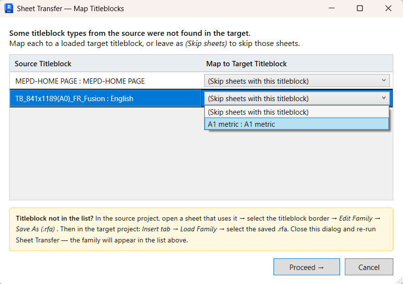 Titleblock Mapping dialog — resolve missing titleblock families