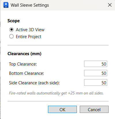 Wall Sleeve Settings — Scope and Clearance configuration