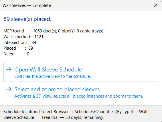Wall Sleeves Complete — summary with CommandLinks to schedule and 3D view